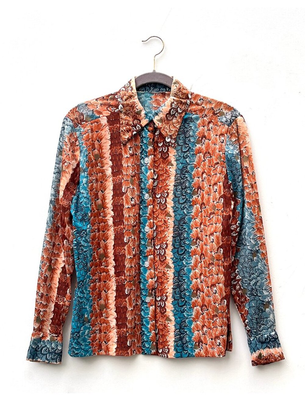 Vintage 70s Women's Semi Sheer Floral Blue & Rust Long Sleeved Button Up Shirt